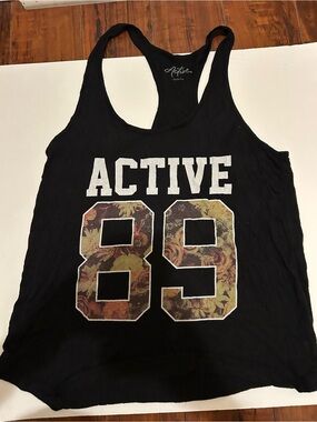 Active Basic Black Racerback Tank with Floral '89' Graphic